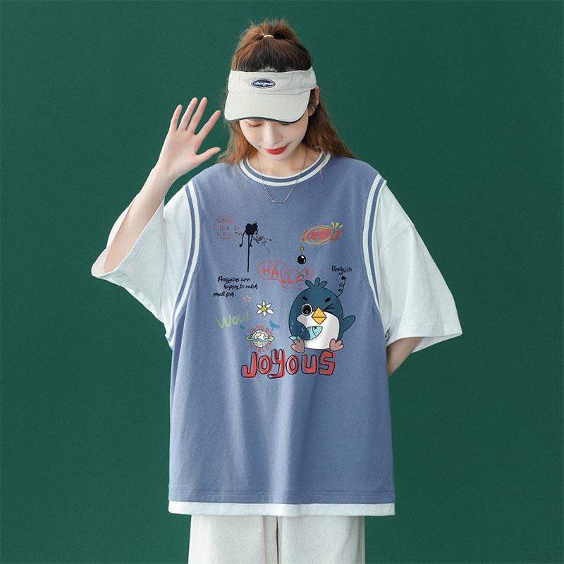 Sportswear Casual Short-sleeved Fake Two-piece T-shirt Women's Unisex Summer Loose Design Small Trendy Tops