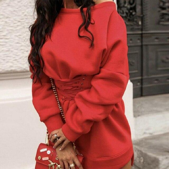 Dress for Women Oversized Sweatshirt Sexy Mini Dresses Bandage Wide Belt Streetwear