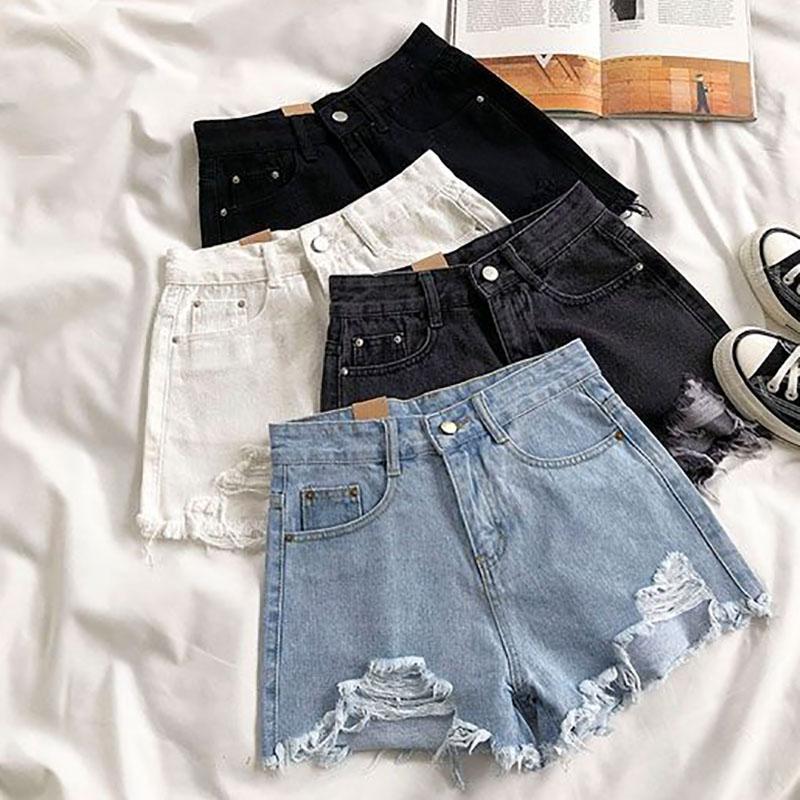 Light-colored Denim Shorts Women's High Waist Summer New Style Korean Loose Loose Holes and Raw Edges Are Thin