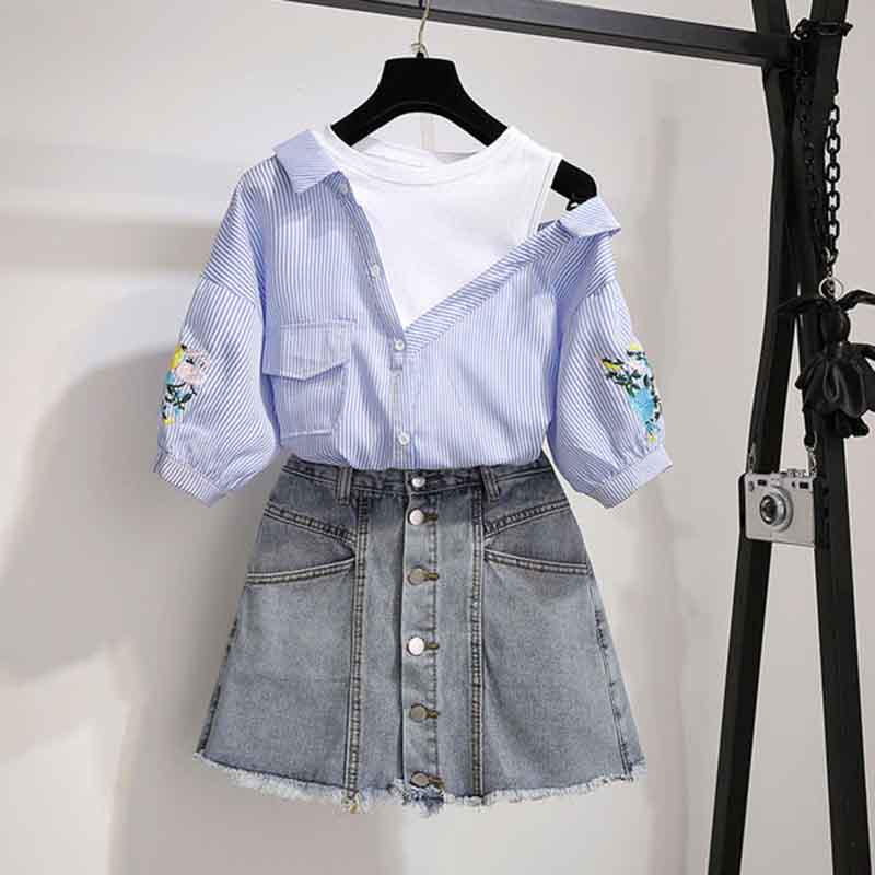 S-XL Summer Women O-neck Off Shoulder Irregular Striped T-shirt+Sexy Denim Shorts 2pcs Office Lady T-shirt Button Shorts Suit