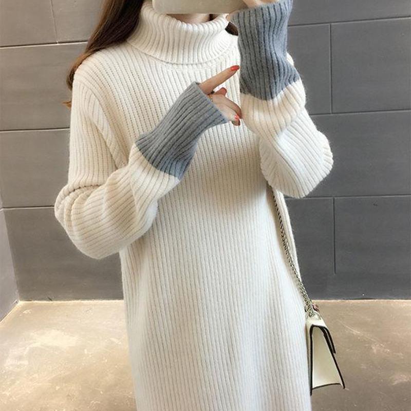 Mid-length High Neck Over-the-knee Sweater Women Autumn and Winter Korean Loose Solid Color Long-sleeved Student Knit Base