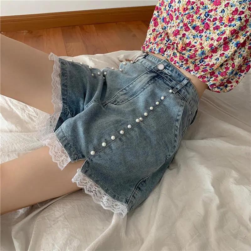 WTEMPO Lace Pearl High Waist Denim Shorts Women Student Loose Spring and Summer Wide Leg A-line Thin Casual Shorts