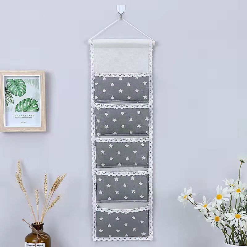 5 Pockets Hanging Bag on The Wall Behind The Door Cotton and Linen Storage Bag Wardrobe Multi-layer Sundries Storage Bag Family Organizer