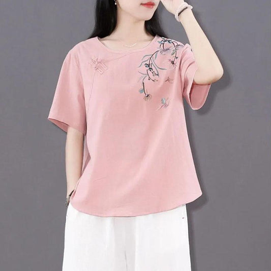 Women's Summer Embroidered Short Sleeve T-Shirt Loose All-match Round Neck Top