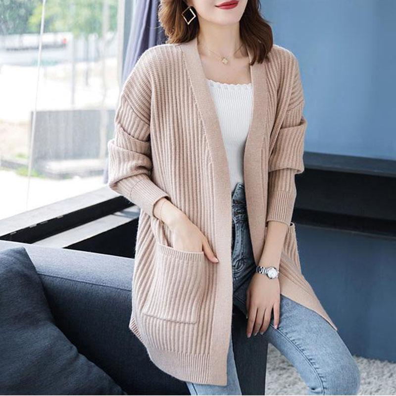 Autumn and Winter Cardigan Sweater Loose Casual Mid-length Top Clothes Solid Color Knitted Female Jacket