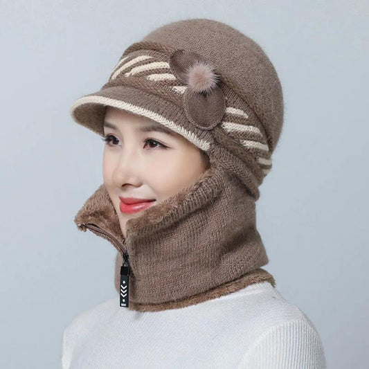 Women's Hat Bib One Piece Winter Warm Cycling To Keep Warm Artifact Mother Hat Zipper Fleece Facial Mask Caps Female Floral Knitted Scarf Hat Set