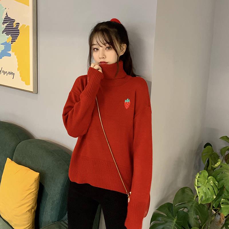 Turtleneck Sweater Women's Embroidery Strawberry Autumn and Winter Warm Loose Sweater Thick