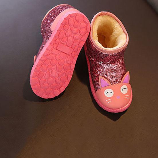 Winter Waterproof Cotton Boots Girl's Non Slip Plush Short Boots Children's Cartoon Sequins Snow Boots