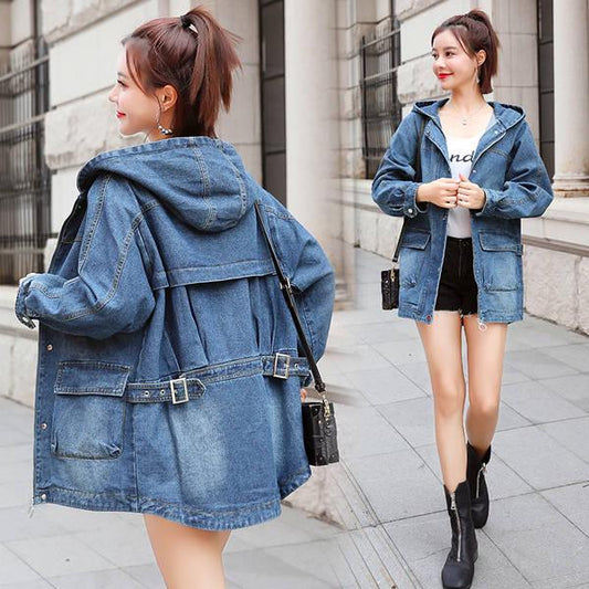 Autumn Winter Women Hooded Denim Jacket Harajuku Wind Jean Jacket Loose Long Sleeve Female Coats