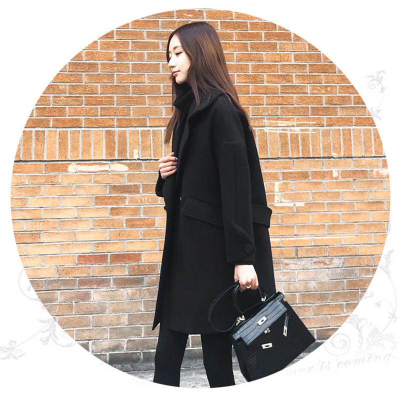 Cotton Thickened Mid-length Woolen Coat Autumn and Winter Loose and Thin Black Woolen Coat