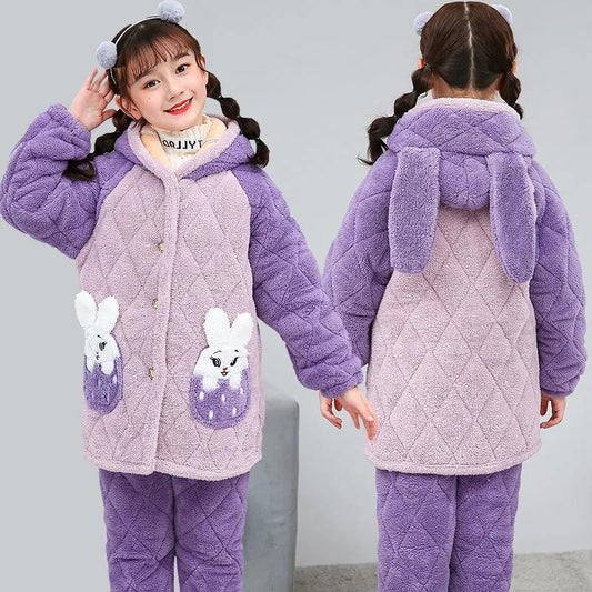 Children Girls Polar Fleece Winter Plus Cotton Pajamas Students Plus Velvet Thick Coral Fleece Flannel Pajamas Pajamas To Keep Warm