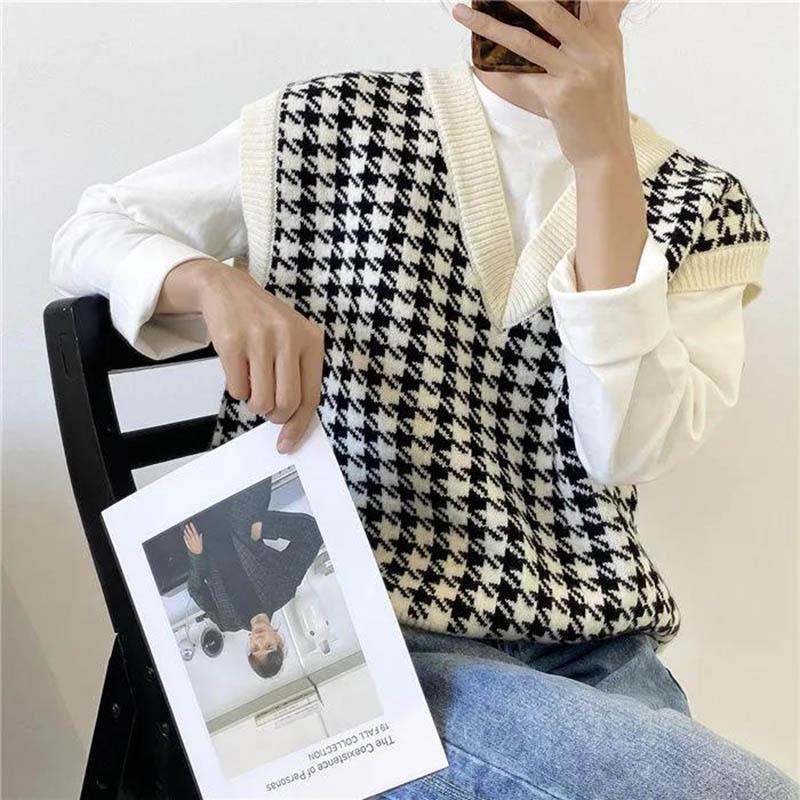 V-neck Knitted Vest Vest Female Houndstooth Korean Version Loose and Versatile Sleeveless Waistcoat Sweater Vest Jacket Outer Wear