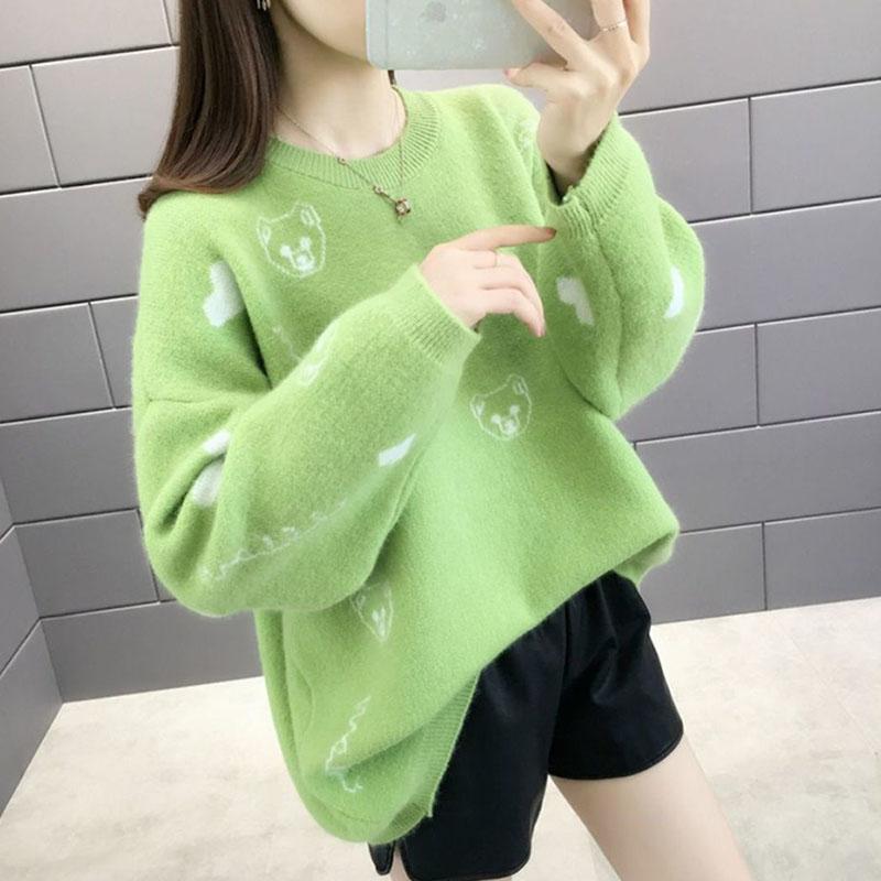 Autumn and Winter Thick Plus Size Sweater All-match Thinner Round Neck Jacket Lantern Sleeve Knitted Female Top