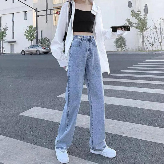 Spring and Autumn High-waisted Jeans Women Korean Style Loose Students Are Thin and Versatile Wide-leg Straight Long Pants