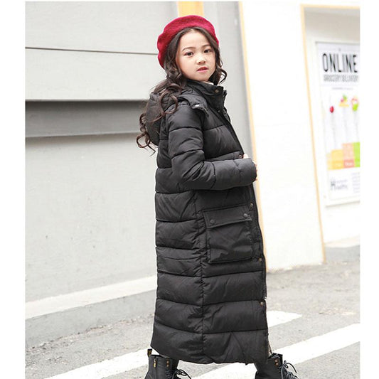 Girls' Warm Cotton-padded Jacket Winter Clothes Plus Velvet Thick Mid-length Down Cotton Jacket