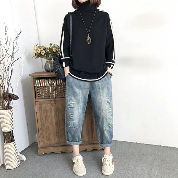 Turtleneck Sweater Women Loose Mid-length Pullover Large Size Color-blocking Sweater Autumn and Winter Long-sleeved Sweater