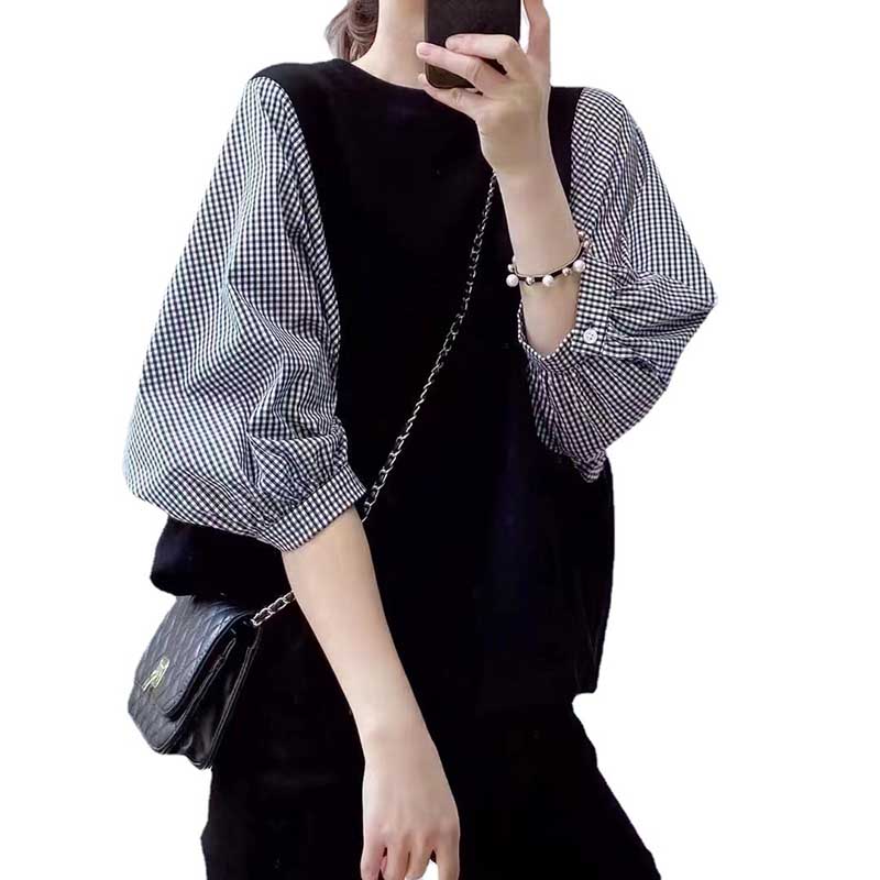 Outer Wear Single Shirt Fake Two Pieces Stitching Spring and Summer Design Loose T-shirt Ladies Long Sleeves