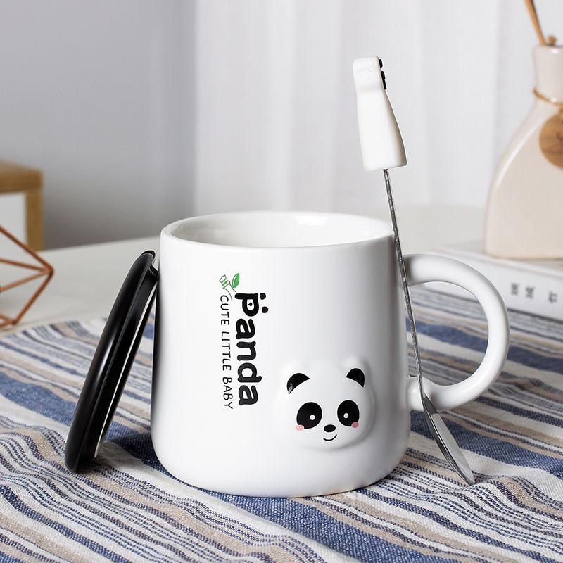 Ceramic Mug for Male and Female Students Korean Cute Cartoon Mug with Lid and Spoon Coffee Cup Male Teacup Creative