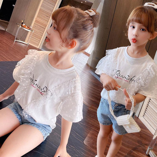 Girls' Summer T Shirt Girls' Printing Yarn Shirt Loose Version 1-8 Years Old Children's Short Sleeve Shirt Dots Folded Ruffles T Shirt