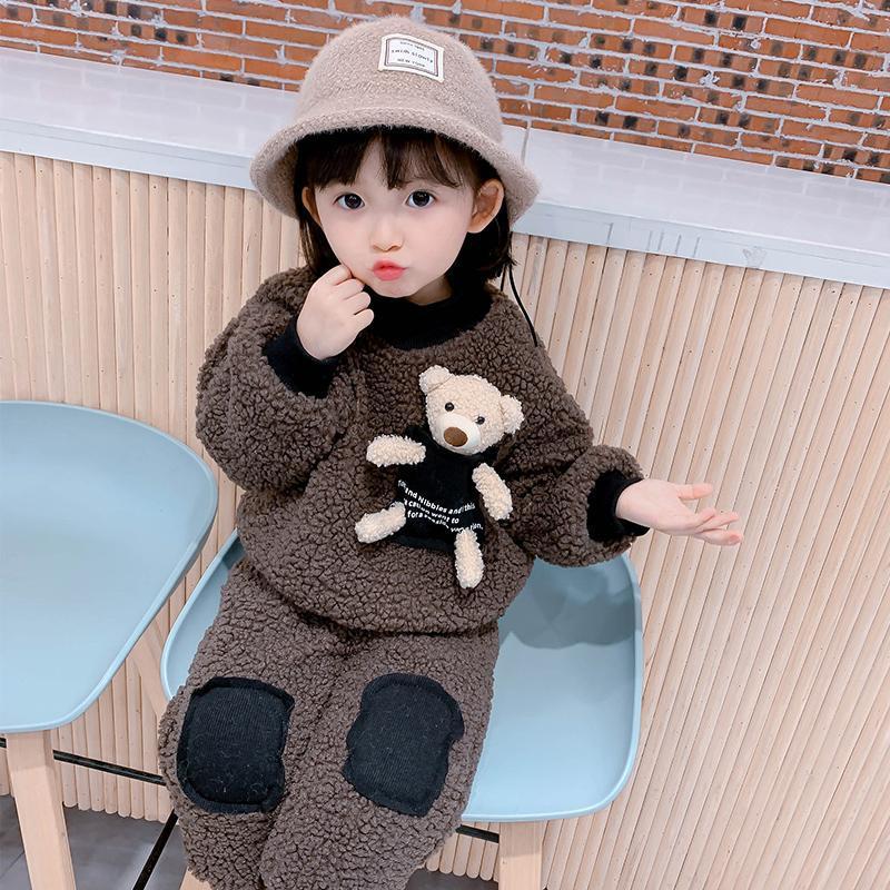 Children's Autumn and Winter Warm Suit Girl and Boy Korean Version Girl Baby Plush Two-piece Sets