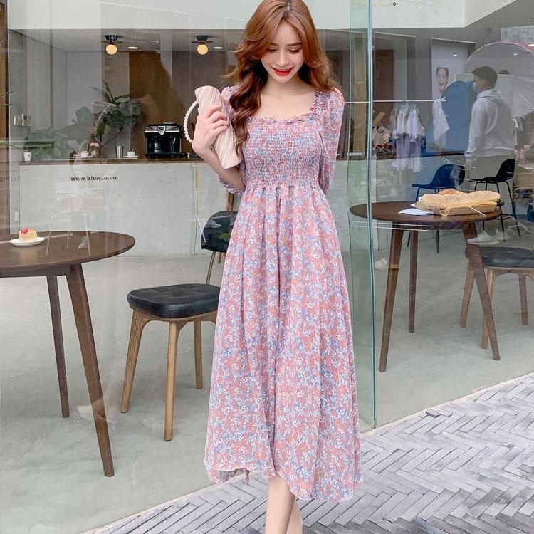 Female Vintage High Waist Super Fairy Holiday Dress Elegant Slim Little Fresh Chiffon Floral Print Dress