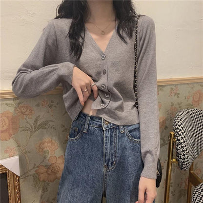 Spring and Autumn Style V-neck Cardigan Jacket Long Sleeve Thin Slim Sweater Short Sleeve Sweater Women Trendy