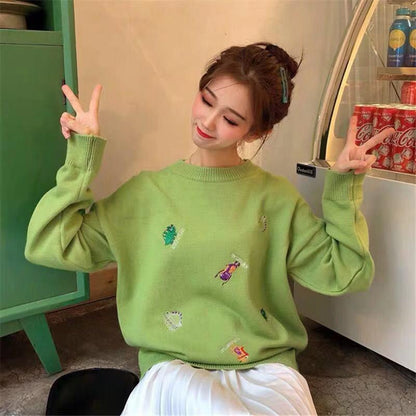 Casual Embroidery Sweater Women Loose Round Neck Pullover Sweater Thickened Warm Knitwear Jumper Outwear