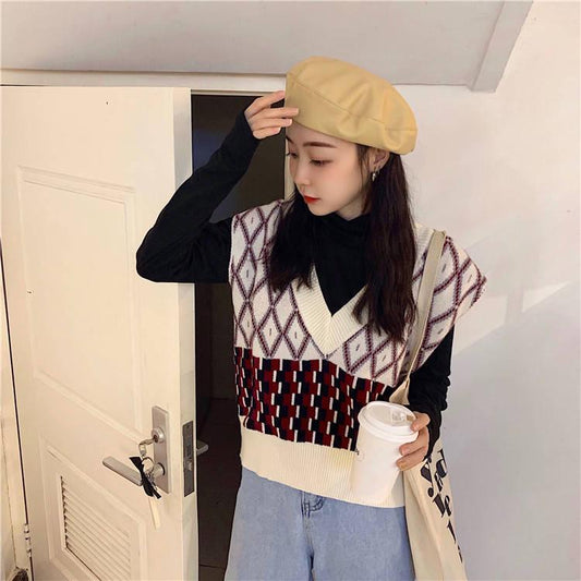 Pofulove Wild Plaid Loose V-Neck Sleeveless Sweater Women's Short Knitted Inside Sweater Vest