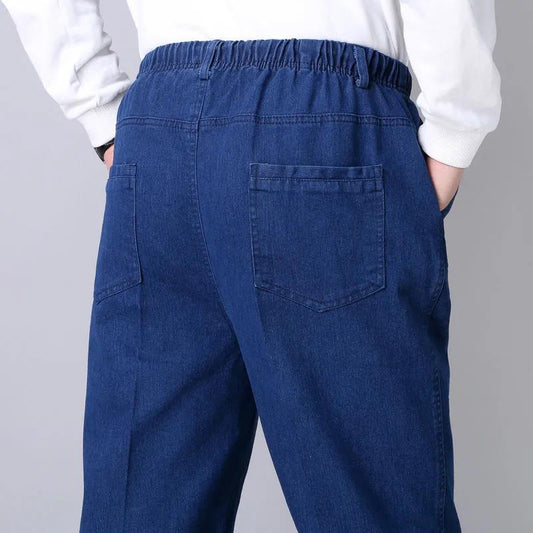 Summer Thin Middle-aged and Elderly Men's Stretch-waist Jeans Loose High-waist Straight-leg Cotton Casual Jeans