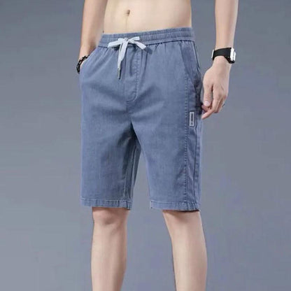 Ice Silk Denim Shorts Men's Summer Thin Workwear Casual Pants Straight Loose Men's Five-point Pants Modified Legs Low Waist Elastic Tie Shorts