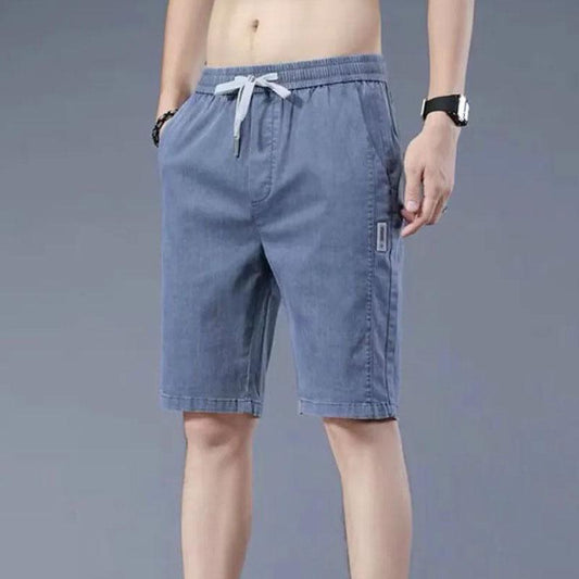 Ice Silk Denim Shorts Men's Summer Thin Workwear Casual Pants Straight Loose Men's Five-point Pants Modified Legs Low Waist Elastic Tie Shorts