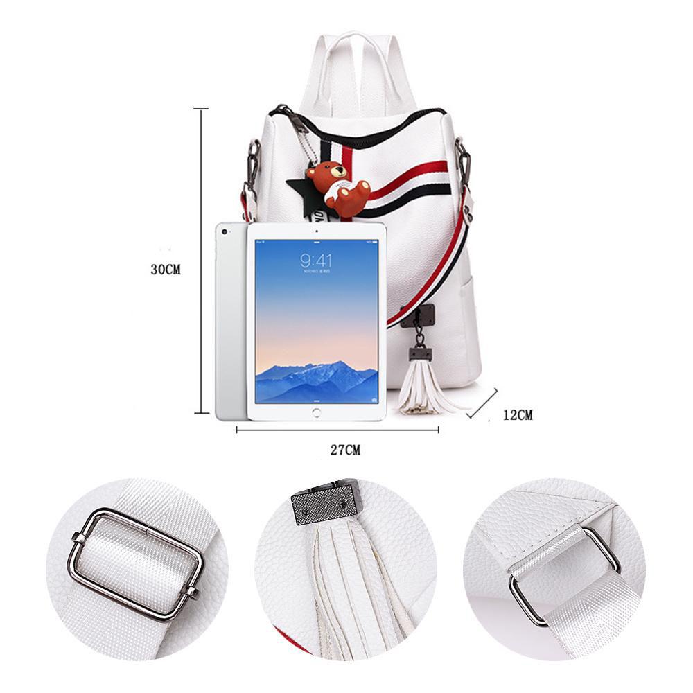 Fashion Cartoon School Bag Female PU Leather Travel Bag Gril's Stripe Pendant Backpack