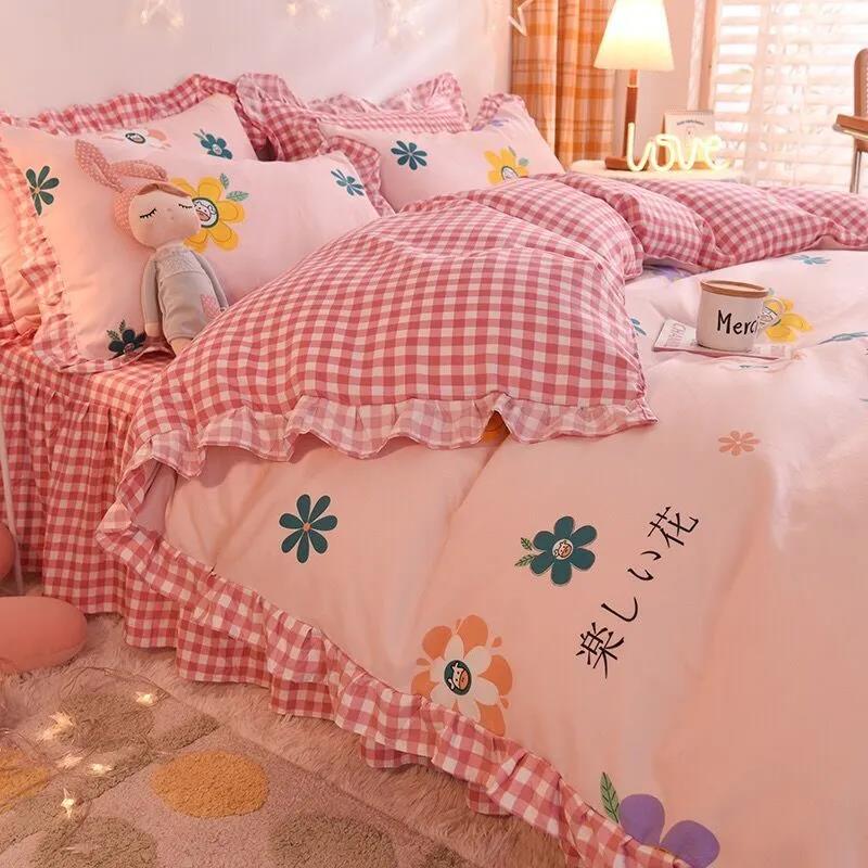 Bedding Four-piece Set Korean Version Pure Cotton Princess Style Skin-friendly Brushed Bed Sheet Quilt Cover Sheet Single Double Bedroom Bedding