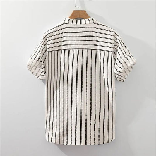 Striped Short-sleeved Shirt Men's Trend Summer Loose Thin Section Stand-up Collar Pullover Shirt T-shirt Inch Clothing Men