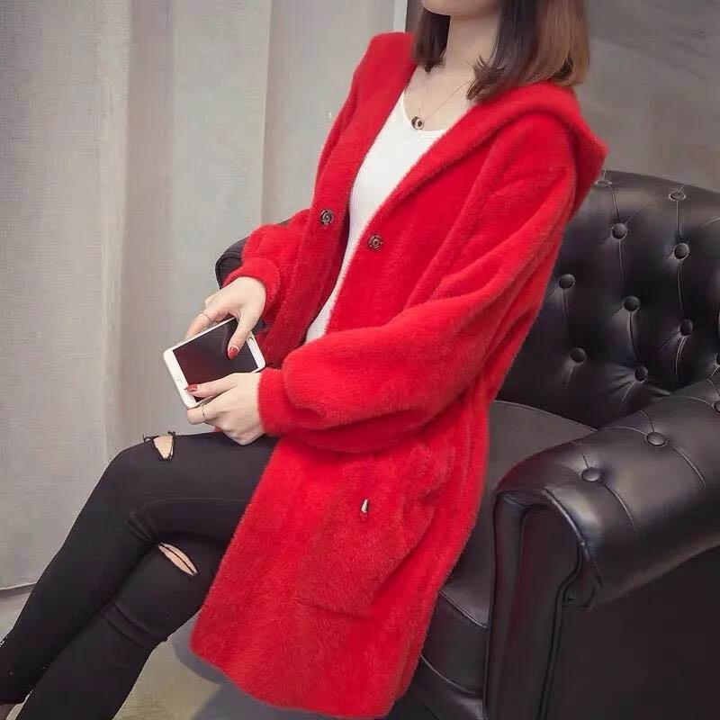 Autumn and Winter Imitation Mink Cardigan Hooded Loose Mid-length Lazy Sweater Large Size Thick Coat Women