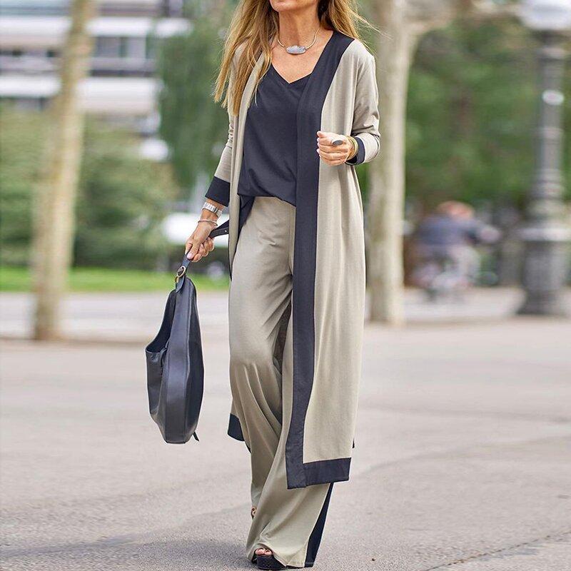 Fashion Casual Loose Suspenders Straight Leg Pants Three-piece Suit Color Matching Cardigan Suit