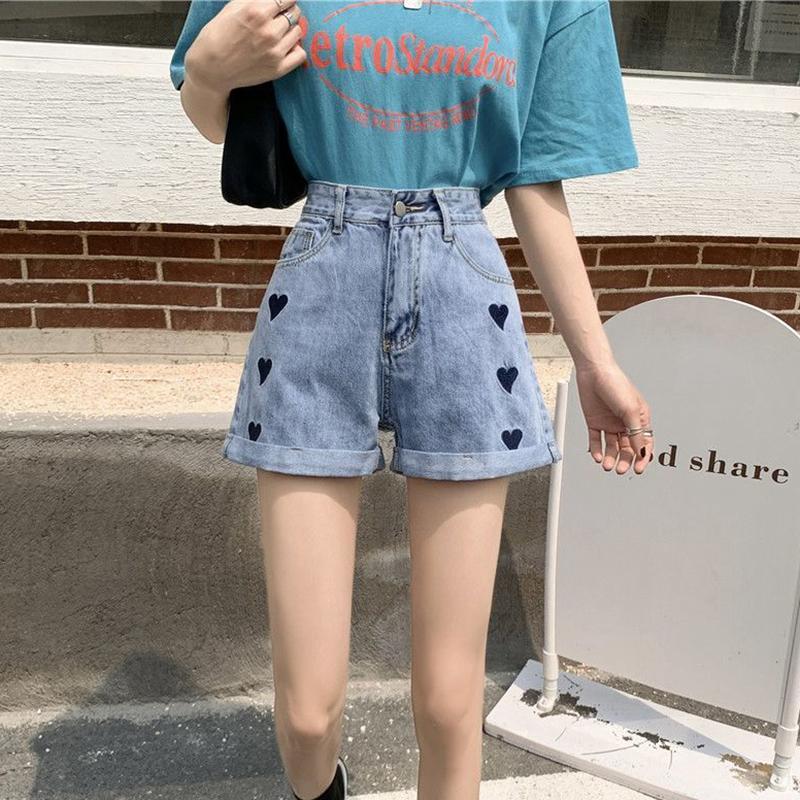 WTEMPO Women Denim Shorts Jeans Heart-shaped Embroidery Washed Denim Summer High Waist Casual Shorts