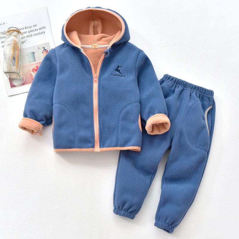 Children's Polar Fleece Suit Spring and Autumn Big Children's Fleece Warm Top Pants Two Boys and Girls Hooded Plus Fleece