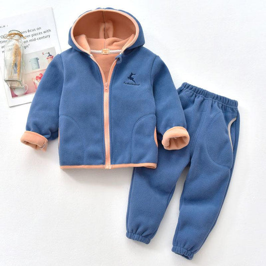 Children's Polar Fleece Suit Spring and Autumn Big Children's Fleece Warm Top Pants Two Boys and Girls Hooded Plus Fleece