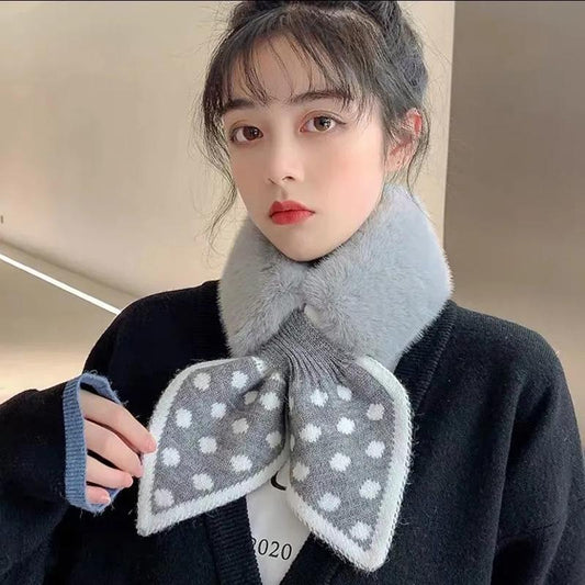 Women's Cute Cross Bow Scarf Imitation Rex Rabbit Fur Thick Collar Winter Warm Korean Style Fur Collar Plush Neck Cover Wave Point Neckerchief Scarves