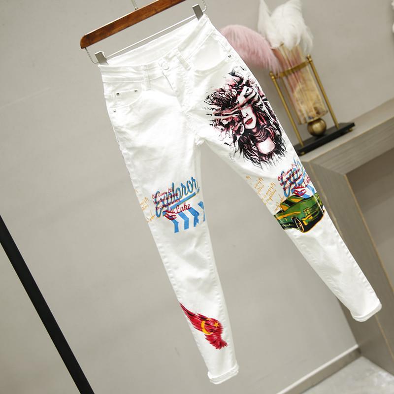 WTEMPO Hip Hop Street Style White Jeans Female Spring, Autumn and Summer Tight Printing Slim High Waist Denim Pants