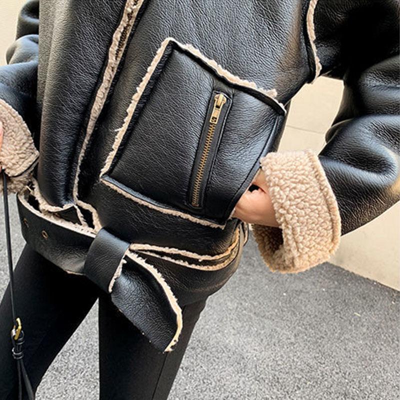 Winter Fashion Cool Plus Cotton Women's Warm Lamb Wool Short Coat Thicked Motorcycle Leather Coat Big Lapel Jacket Girl Winter Clothes Parka Coat