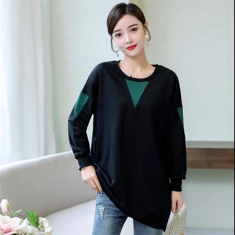 Big Size Women Cotton Tshirt Round Neck Loose Casual T-shirts Spring Fall Plus Size Splicing Tops Tee Pullover