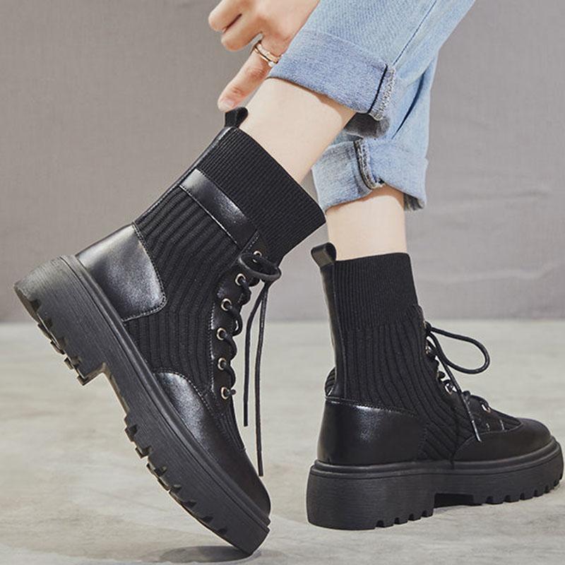 2021 Motorcycle Women's Boots Winter Soft Leather Shoes Black Botas Wedges Female Lace Up Platforms Women