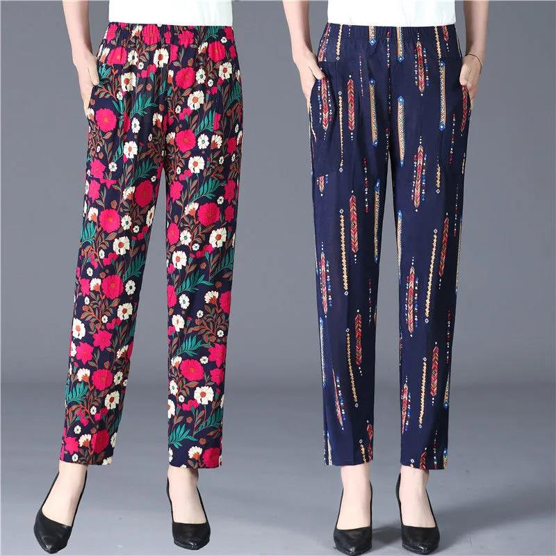 XL-5XL Women's Spring and Summer Elastic Waist Wide Leg Printed Casual Pants Female Plus Size Loose Simple Thin Cropped Pants