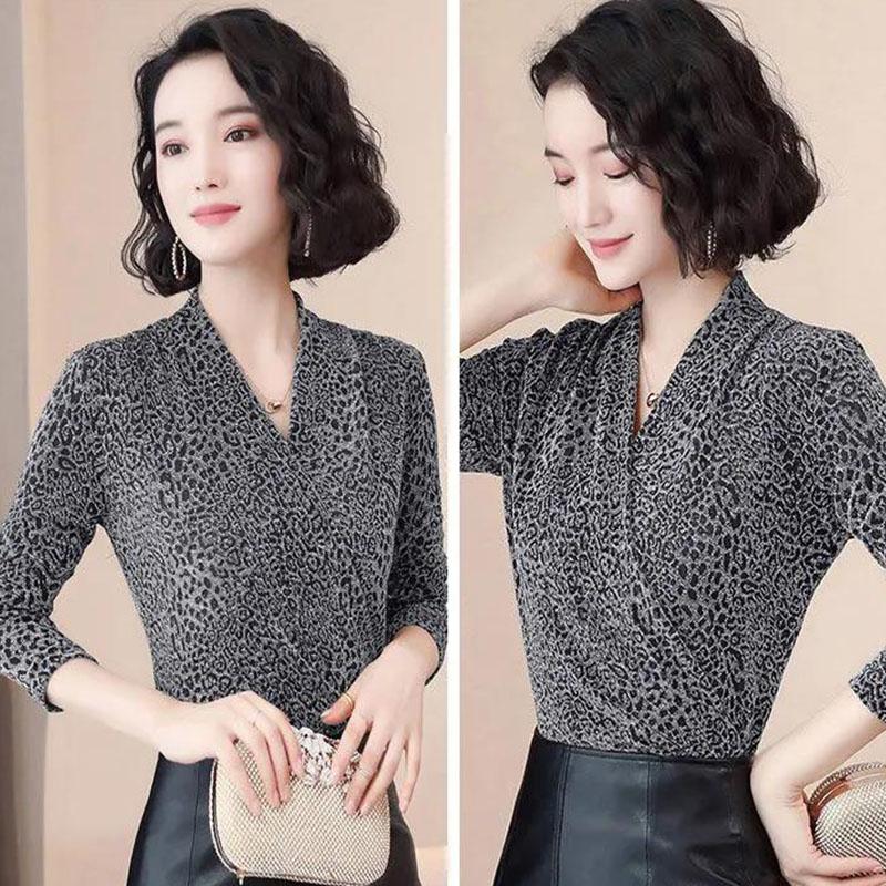 Elegant Leopard print Women Blouse Sexy V neck Office Ladies Blouses Slim Long sleeve Spring Fall Female Party Tops Pullover