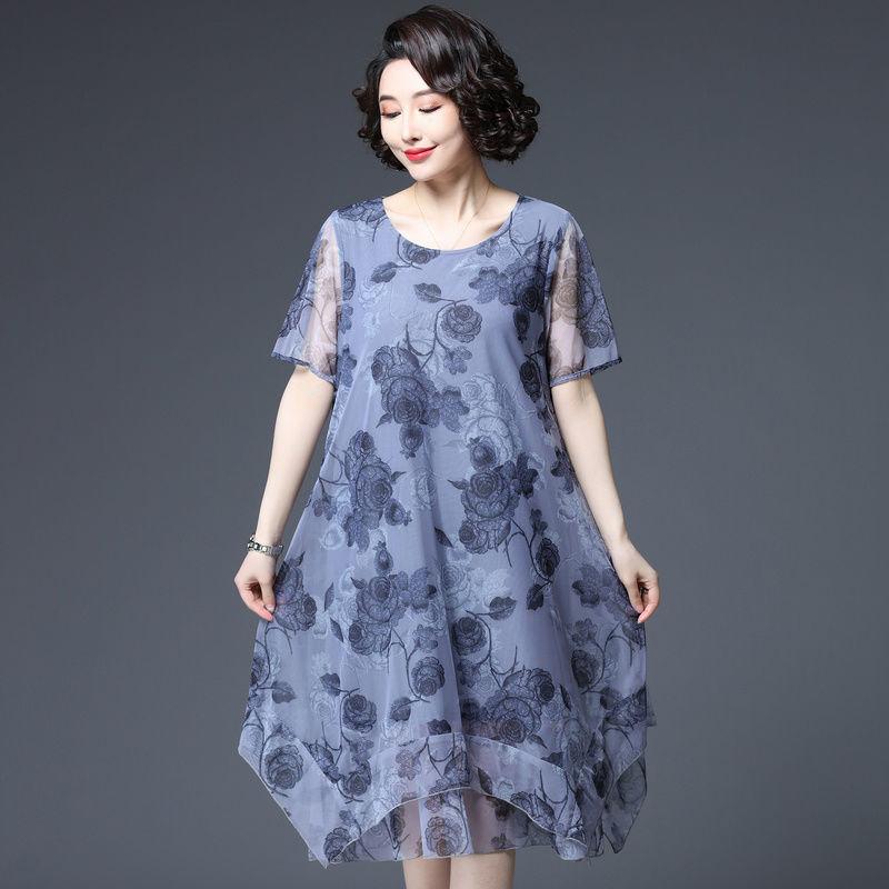 L-XXXXXL Women's Summer Dress Middle-aged Mother Chiffon Veil Short Sleeve Round Neck Printing Mid-length Daily Wear