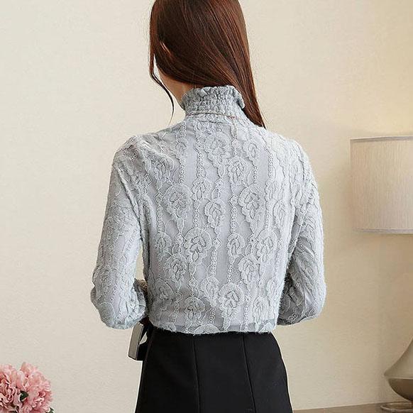 Women's Spring and Autumn Plush Lace Bottomed Shirt Female Long Sleeve Winter High Collar Thickened Solid Color Tops