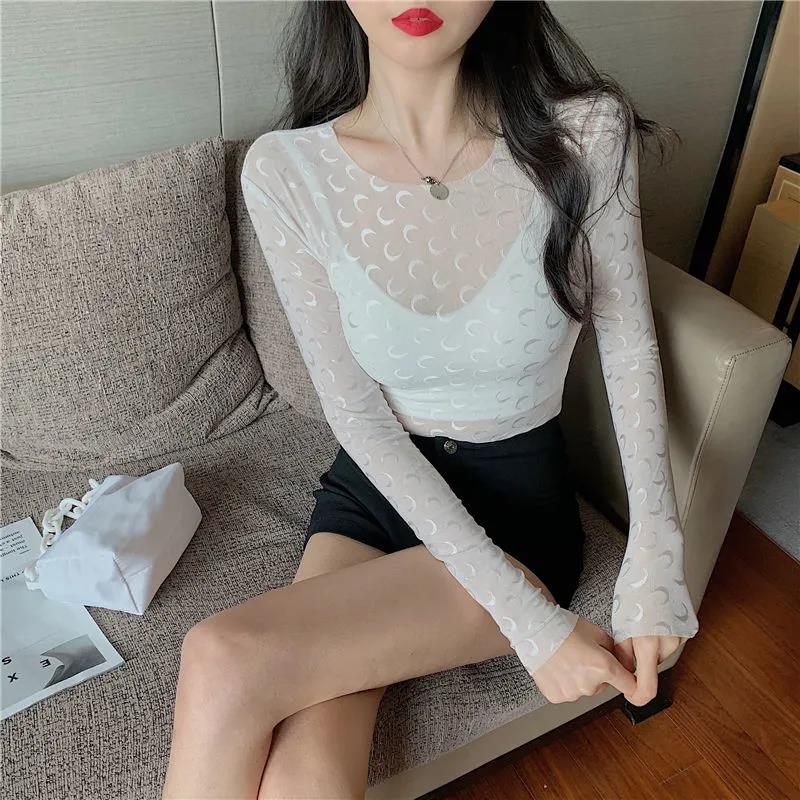 Women Sexy Harajuku Mesh Tops Long Sleeve See Through T Shirt Transparent Moon Print T-shirt Slim Basic Pullover