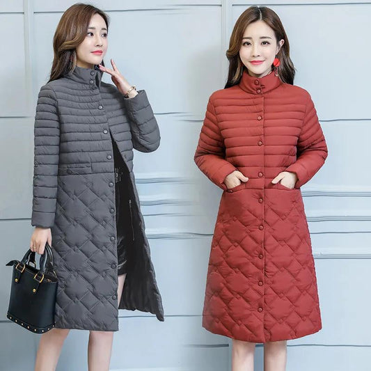 Women's Solid Color Down Jacket Mid-length Down Jacket Winter Korean Style Loose Coat Warm Stand-collar Down Jacket Quilted Jacket